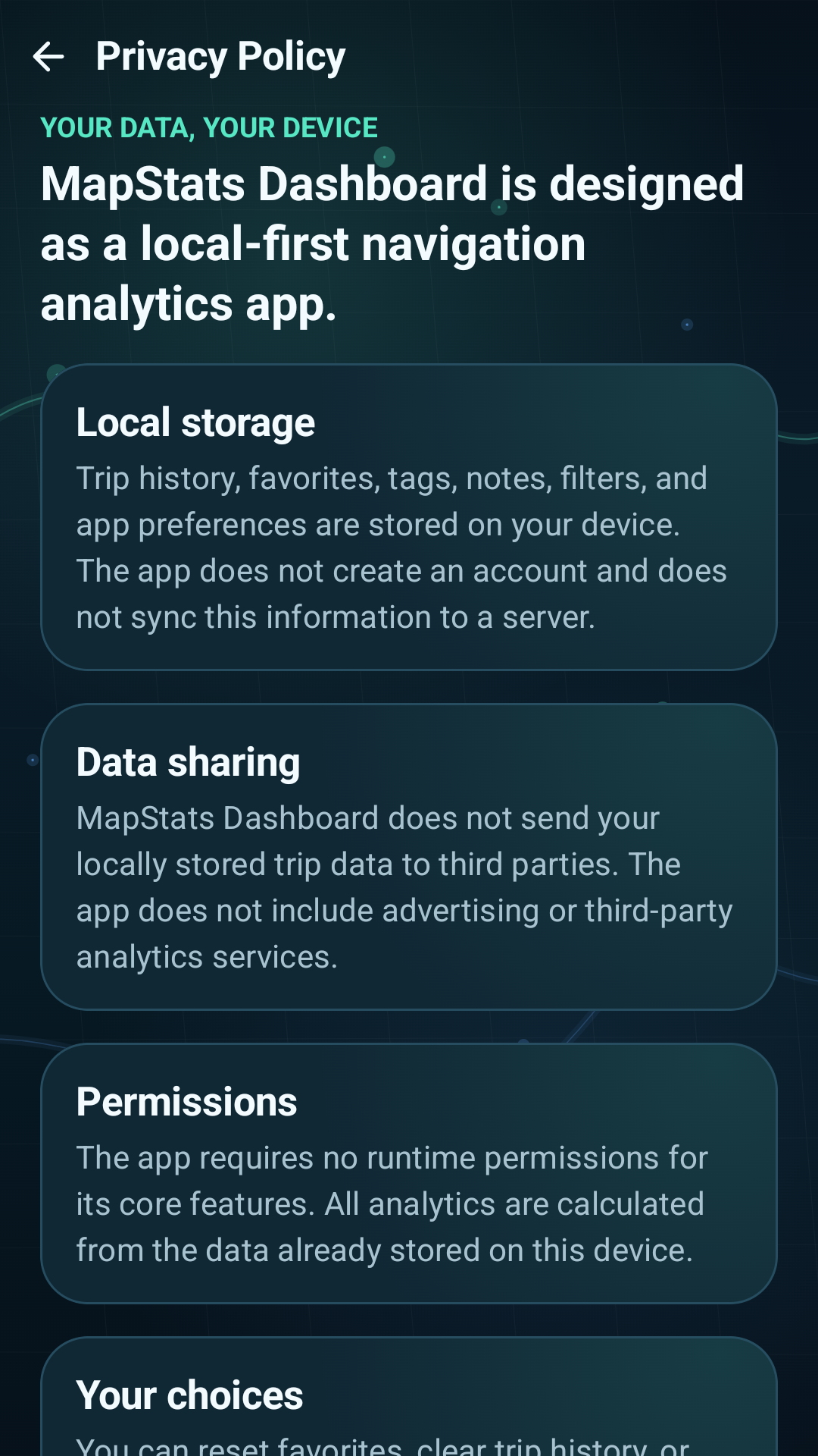 MapStats Dashboard privacy policy screen